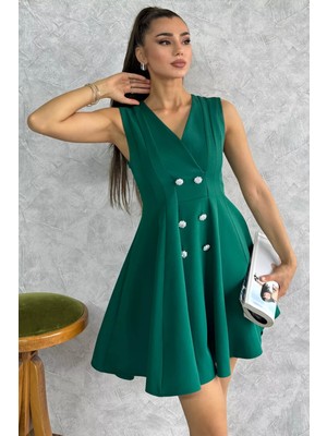 Gülseli Zümrüt Yeşili Kruvaze Yaka Taşlı Düğmeli Içi Kendinden Astarlı Abiye Elbise P-00010798