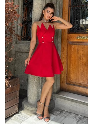 Gülseli Kırmızı Taş Detaylı Straplez Mini Abiye Elbise P-00011615