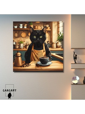 Gaagart Kare Kanvas Kahve Köşesi Cafe Tablosu Barista Siyah Kedi