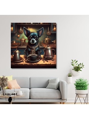 Gaagart Kare Kanvas Kahve Köşesi Cafe Tablosu Barista Siyah Chihuahua