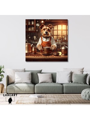 Gaagart Kare Kanvas Kahve Köşesi Cafe Tablosu Barista Kahverengi Terrier