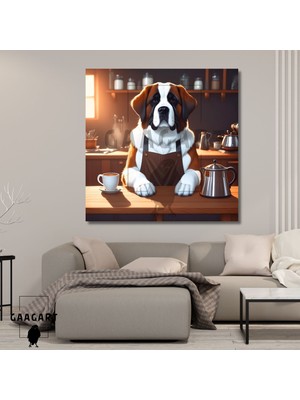 Gaagart Kare Kanvas Kahve Köşesi Cafe Tablosu Barista Saint Bernard Köpek