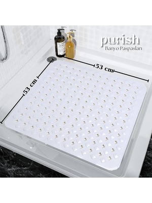 Purish | Banyo Duş Küvet Için Vantuzlu Kaydırmaz, Su Drenajlı, Masaj Noktalı Paspas - Mat Beyaz - 53 x 53cm