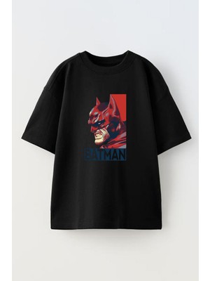 Nmg Tekstil Unisex Siyah Oversize Pamuk Kırmızı Batman Baskılı Örme T-Shirt