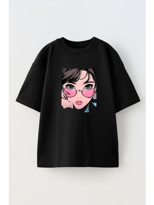 Nmg Tekstil Unisex Siyah Oversize Pamuk Pembe Gözlüklü Anime Baskılı Örme T-Shirt