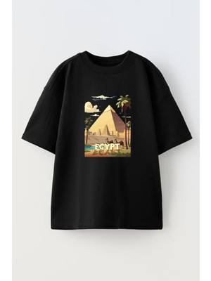 Nmg Tekstil Unisex Siyah Oversize Pamuk Mısır Piramit Baskılı Örme T-Shirt