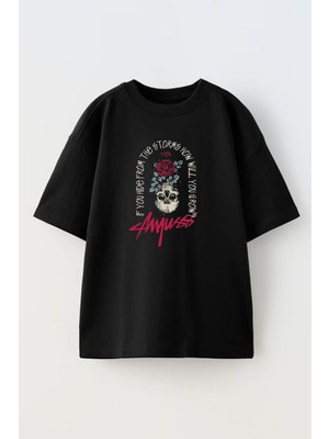 Nmg Tekstil Unisex Siyah Oversize Pamuk Amjusss Baskılı Örme T-Shirt