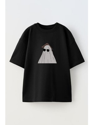 Nmg Tekstil Unisex Siyah Oversize Pamuk Büyük Casper Baskılı Örme T-Shirt
