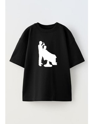 Nmg Tekstil Unisex Siyah Oversize Pamuk Erkek Kuaför Baskılı Örme T-Shirt