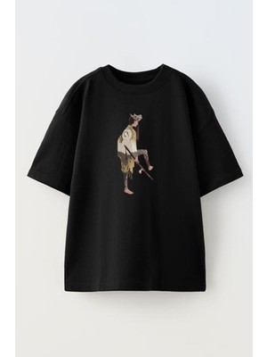 Nmg Tekstil Unisex Siyah Oversize Pamuk Kurt Maskeli Kadın Baskılı Örme T-Shirt