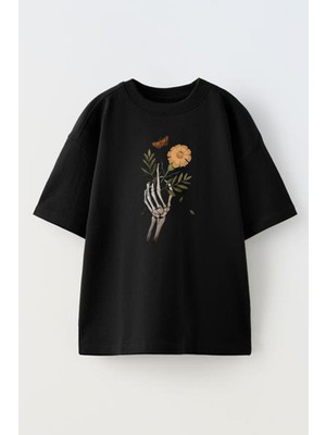 Nmg Tekstil Unisex Siyah Oversize Pamuk Yaprak Tutan Çiçek El Baskılı Örme T-Shirt
