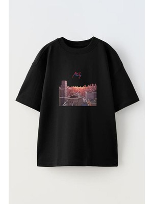 Nmg Tekstil Unisex Siyah Oversize Pamuk Spiderman Düşüyor Baskılı Örme T-Shirt