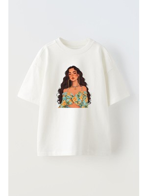 Nmg Tekstil Unisex Beyaz Oversize Pamuk Büyük Küpeli Kız Baskılı Örme T-Shirt