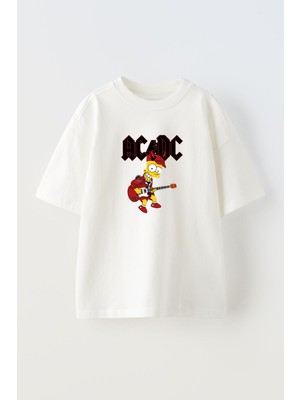 Nmg Tekstil Unisex Beyaz Oversize Pamuk Çocuk Sipson Acdc Baskılı Örme T-Shirt