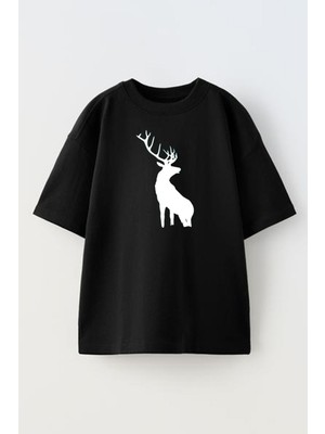 Nmg Tekstil Unisex Siyah Oversize Pamuk Geyik Gölgesi Baskılı Örme T-Shirt