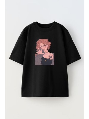 Nmg Tekstil Unisex Siyah Oversize Pamuk Kıvırcık Pembe Gözlüklü Kadın Baskılı Örme T-Shirt