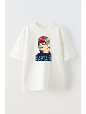 Nmg Tekstil Unisex Beyaz Oversize Pamuk Captain Amerika Silik Baskılı Örme T-Shirt