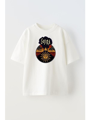 Nmg Tekstil Unisex Beyaz Oversize Pamuk Gojira Güneş Baskılı Örme T-Shirt