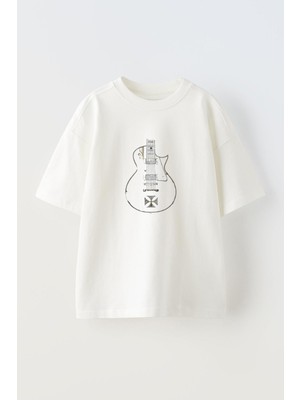 Nmg Tekstil Unisex Beyaz Oversize Pamuk Yonca Yaprağı Gitar Baskılı Örme T-Shirt