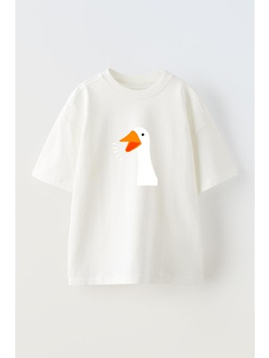 Nmg Tekstil Unisex Beyaz Oversize Pamuk Kaz Başı Baskılı Örme T-Shirt