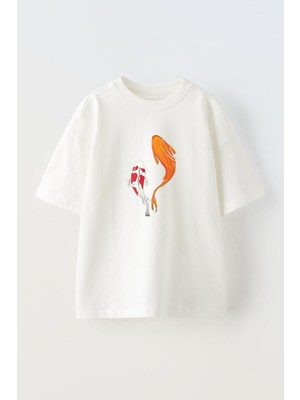 Nmg Tekstil Unisex Beyaz Oversize Pamuk Yüzen Japon Balıkları Baskılı Örme T-Shirt
