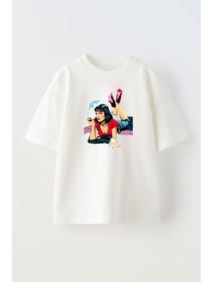 Nmg Tekstil Unisex Beyaz Oversize Pamuk Yüzüstü Uzanan Kadın Baskılı Örme T-Shirt