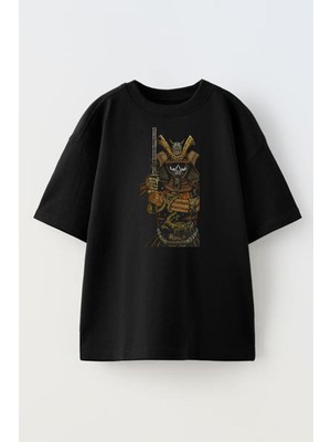 Nmg Tekstil Unisex Siyah Oversize Pamuk Samuray Kurukafa Baskılı Örme T-Shirt