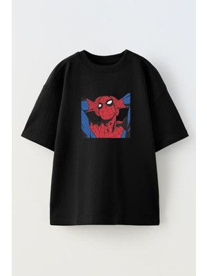 Nmg Tekstil Unisex Siyah Oversize Pamuk Spiderman Dertli Baskılı Örme T-Shirt