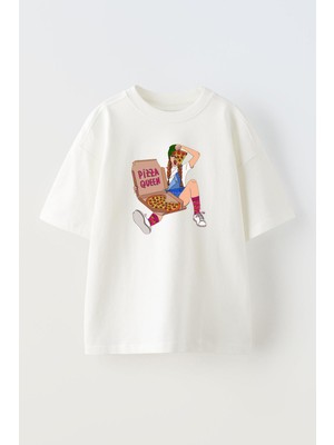 Nmg Tekstil Unisex Beyaz Oversize Pamuk Pizza Queen Kız Baskılı Örme T-Shirt