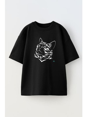 Nmg Tekstil Unisex Siyah Oversize Pamuk Kedi Silüet Çizim Baskılı Örme T-Shirt