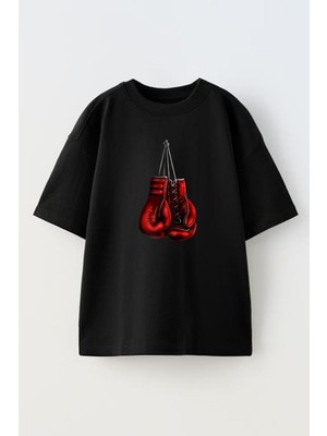 Nmg Tekstil Unisex Siyah Oversize Pamuk Boks Eldiveni Kırmızı Baskılı Örme T-Shirt