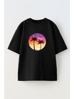 Nmg Tekstil Unisex Siyah Oversize Pamuk Malibu Gün Batımı Baskılı Örme T-Shirt