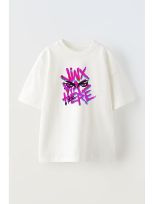 Nmg Tekstil Unisex Beyaz Oversize Pamuk Jinx We Here Baskılı Örme T-Shirt