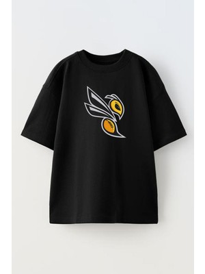 Nmg Tekstil Unisex Siyah Oversize Pamuk Arı Deseni Baskılı Örme T-Shirt