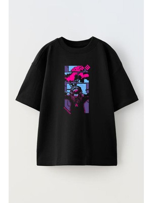 Nmg Tekstil Unisex Siyah Oversize Pamuk Express Desen Pembe Baskılı Örme T-Shirt