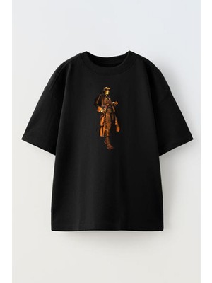 Nmg Tekstil Unisex Siyah Oversize Pamuk Kahverengi Paltolu Kurukafa Baskılı Örme T-Shirt