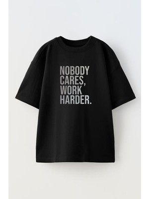 Nmg Tekstil Unisex Siyah Oversize Pamuk Nobody Cares Baskılı Örme T-Shirt
