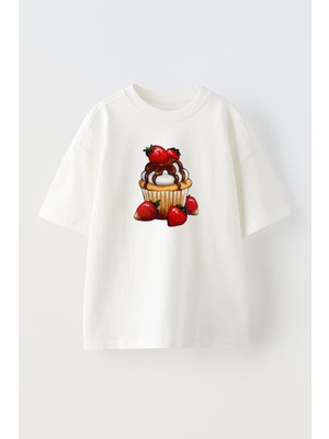 Nmg Tekstil Unisex Beyaz Oversize Pamuk Çilekli Tatlı Baskılı Örme T-Shirt