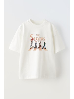 Nmg Tekstil Unisex Beyaz Oversize Pamuk The Slayers Baskılı Örme T-Shirt