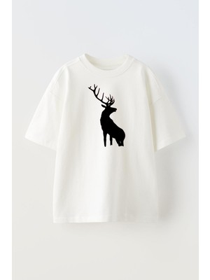 Nmg Tekstil Unisex Beyaz Oversize Pamuk Geyik Gölgesi Baskılı Örme T-Shirt