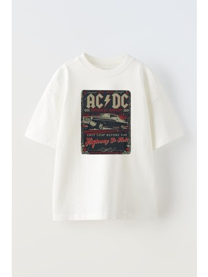 Nmg Tekstil Unisex Beyaz Oversize Pamuk Acdc Araba Poster Baskılı Örme T-Shirt