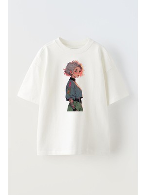 Nmg Tekstil Unisex Beyaz Oversize Pamuk Küt Saçlı Beyaz Dövmeli Kadın Baskılı Örme T-Shirt