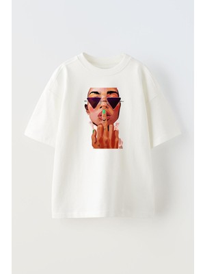 Nmg Tekstil Unisex Beyaz Oversize Pamuk Üçgen Gözlüklü Kadın Desen Baskılı Örme T-Shirt
