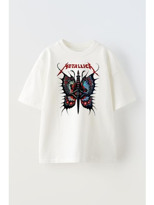 Nmg Tekstil Unisex Beyaz Oversize Pamuk Kelebek Metallica Gitar Baskılı Örme T-Shirt