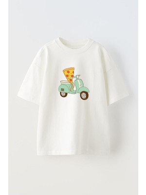 Nmg Tekstil Unisex Beyaz Oversize Pamuk Pizza Scooter Baskılı Örme T-Shirt