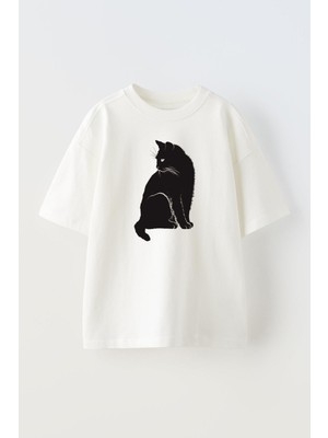 Nmg Tekstil Unisex Beyaz Oversize Pamuk Oturmuş Kedi Baskılı Örme T-Shirt
