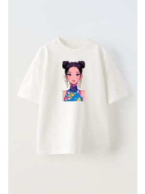 Nmg Tekstil Unisex Beyaz Oversize Pamuk Japon Anime Kleopatra Baskılı Örme T-Shirt