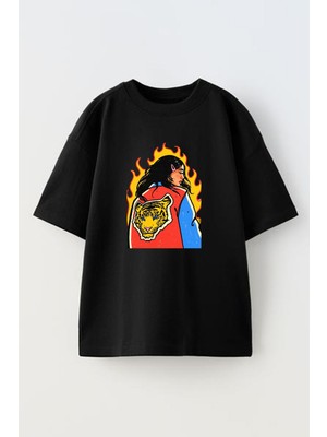Nmg Tekstil Unisex Siyah Oversize Pamuk Alevli Kaplan Montlu Kız Baskılı Örme T-Shirt