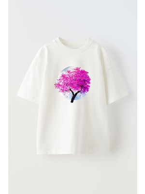 Nmg Tekstil Unisex Beyaz Oversize Pamuk Pembe Yapraklı Dolunay Baskılı Örme T-Shirt