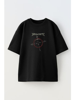 Nmg Tekstil Unisex Siyah Oversize Pamuk Megadeth Kırmızı Yuvarlak Desen Baskılı Örme T-Shirt